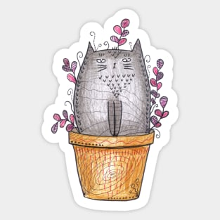 Cute funny cat sitting in a flower pot. Sticker